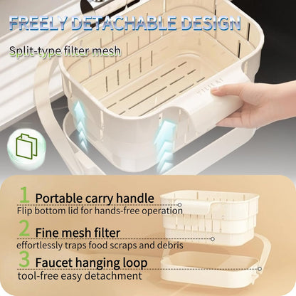 2026 Upgraded Foldable Kitchen Sink Strainer, No-Drill Hanging Drain Rack Food Catcher, Removable Anti-Clog Filter for Garbage Leftovers Kitchen Sink Daily Use (White)
