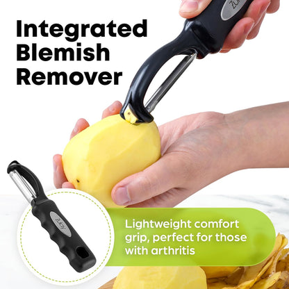 Zulay Kitchen Premium Vegetable Peeler for Kitchen - Swivel Peeler with Razor Sharp Stainless Steel Blades & Strong Ergonomic Handle - Dishwasher Safe, Easy To Use with Blemish Remover - Black