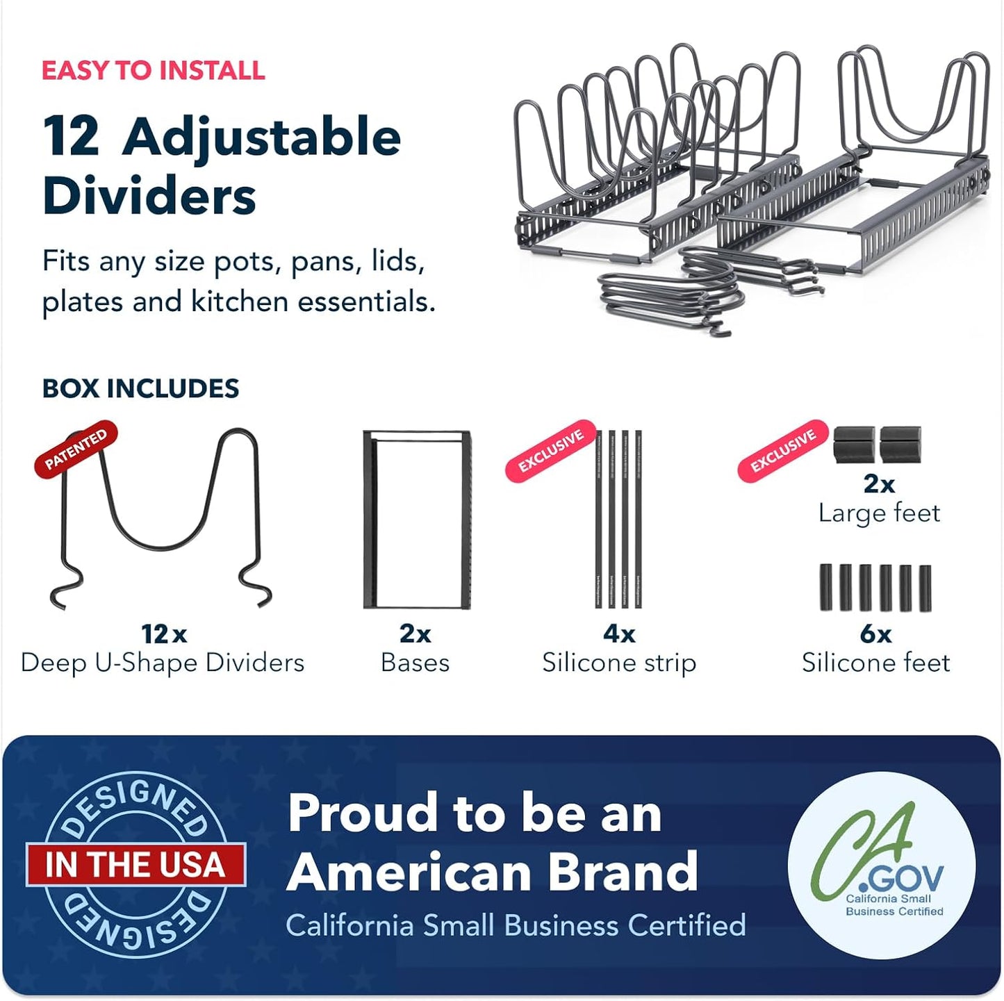 Better Things Home 7.5” Wide 12-Slot Adjustable Large Pan and Pot Lid Organizer with Scratch-Free Pads, Expandable Pot Lid Holder Rack for Cabinet, Pots and Pans Organizer Inside Cabinet