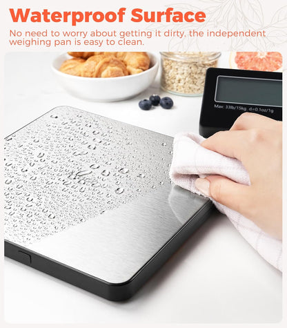 Atogou Upgraded Wireless Food Scale, 33lb/15kg Kitchen Scale with Detachable Display & Larger Platform, 0.1oz/1g, 9 Units, Counting Function, Stainless Steel, for Cooking, Baking, Shipping, Black