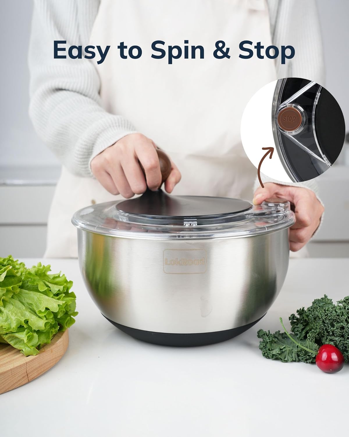 Stainless Steel Salad Spinner, 5.3 Qt Large Lettuce & Vegetable Cleaner with Non-Slip Bottom, Quick Stop Button, Dishwasher Safe Fruit Washer, BPA-free, Black