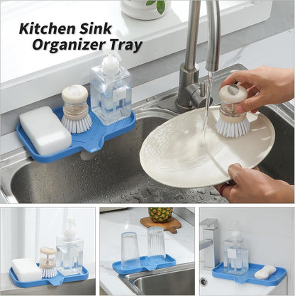 MicoYang Silicone Soap Dish with Drain Spout, Self-Draining Sink Organizer Tray for Bathroom and Kitchen, Sponges, Dispensers and Soap Holder, Non-Slip and Dishwasher Safe, Black (Compact, 4.9"×3.2")