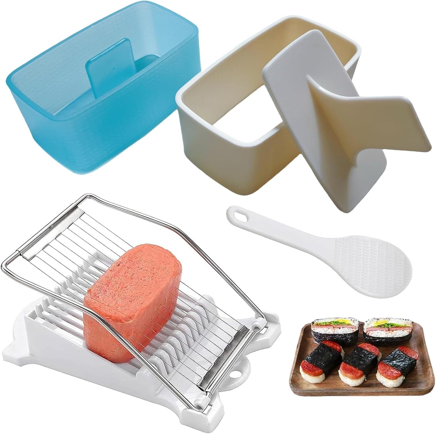 Spam Musubi Mold, 4 Pcs Musubi Maker Kit Spam Slicer Musubi Press Sushi Rice Onigiri Mold Set Egg Cutter for Luncheon Meat Hot Dog Cheese Strawberry Lunch Bento