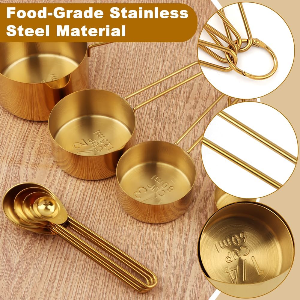 8pcs Measuring Cups and Spoons Set, Stainless Steel Measuring Cup Coffee Spoon Kitchen Gadgets, Stackable Measurin-g Cup Cooking Baking Accessories, Easy To Read(COLOR:gold)