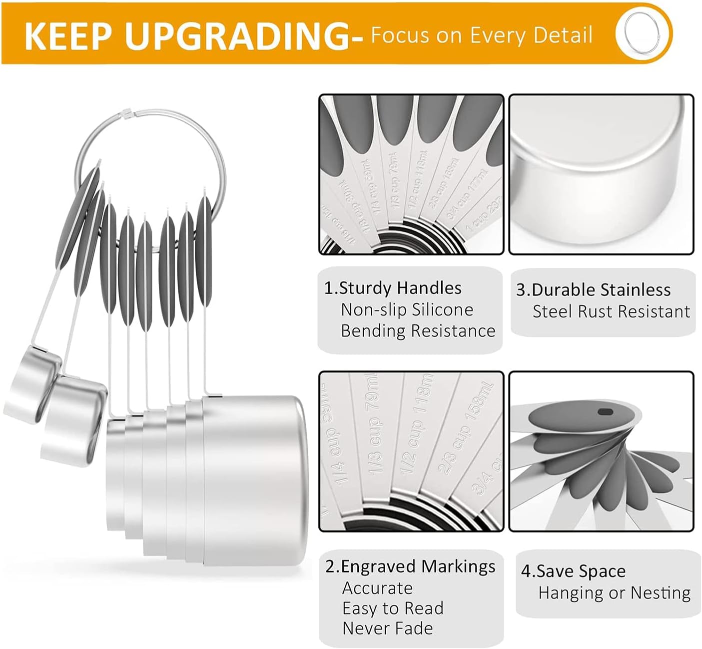 Measuring Cups and Magnetic Measuring Spoons Set, Wildone Stainless Steel 16 Piece Set, 8 Measuring Cups & 7 Double Sided Stackable Magnetic Measuring Spoons & 1 Leveler