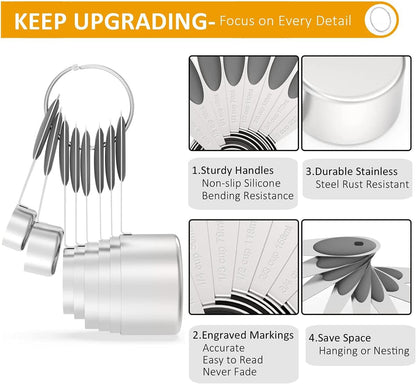 Measuring Cups and Magnetic Measuring Spoons Set, Wildone Stainless Steel 16 Piece Set, 8 Measuring Cups & 7 Double Sided Stackable Magnetic Measuring Spoons & 1 Leveler