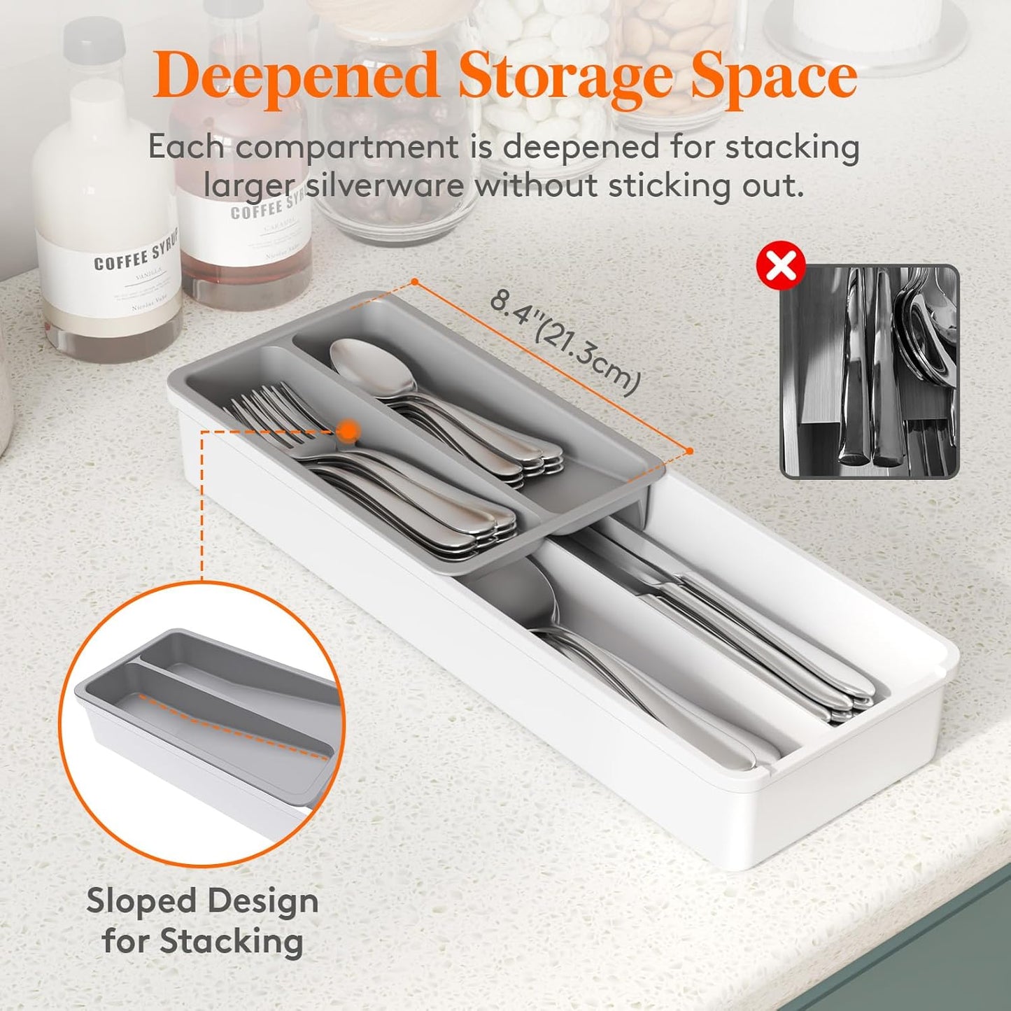 Lifewit Compact Silverware Organizer for Kitchen Drawer, Narrow Flatware Tray Holder, Plastic Cutlery Spoons, Forks and Knives Storage, Black, 1 Pack