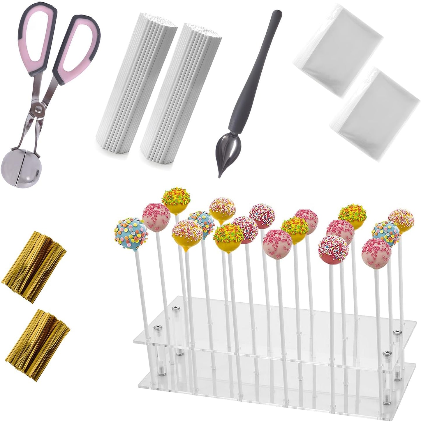Cake Pop Kit Including 200 pcs 6 inch Lollipop Sticks and 200 pcs Clear Wrappers, 15 hole Clear Acrylic Display Stand, 1 pcs Metal Baller Scoop, 1 pcs Culinary Decorating Scooper, Gold Twist Ties