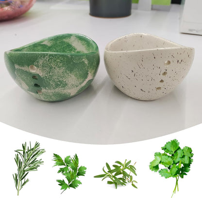AGLOO Handmade Pottery Herb Stripper Bowl - Ceramic Herb Peeler & Stripper Tool for Kitchen, BBQ, and Picnics (white)