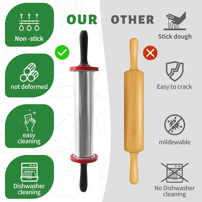 Rolling Pins,Rolling Pin and Silicone Baking Pastry Mat Set,Rolling Pins,Adjustable Stainless Steel Rolling Pin with Thickness Rings for Baking Dough,Pizza,Pie,Pasta