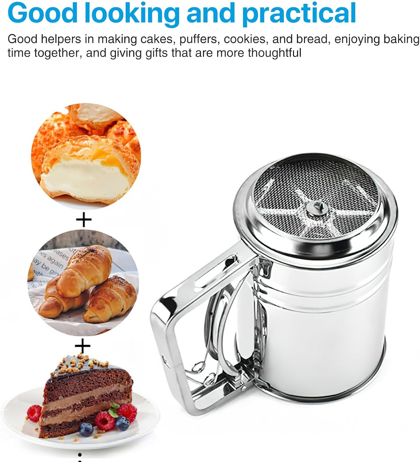 Flour Sifter for Baking, 304 Stainless Steel 5 Cup Flour Sieve Fine Mesh Screen Powder Sifters with Loop Agitator for Quick Sifting, Hand Crank Sifter for Cooking Baking Kitchen Sugar Utensil DIY