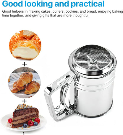 Flour Sifter for Baking, 304 Stainless Steel 5 Cup Flour Sieve Fine Mesh Screen Powder Sifters with Loop Agitator for Quick Sifting, Hand Crank Sifter for Cooking Baking Kitchen Sugar Utensil DIY