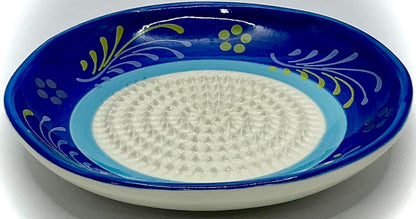 BonCera, All-in-one Premium Ceramic Garlic Grater Plate 4-Piece Set - Double Blue Circle Flower Design - For Garlic, Ginger, Chocolate, and more! - Comes with 5" Plate, Peeler, Brush, and Stand