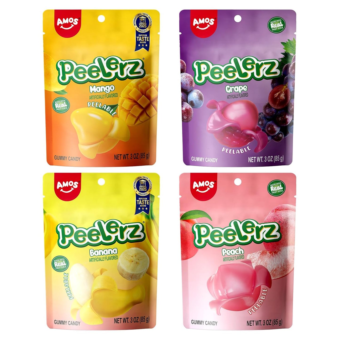 AMOS Peelerz Peelable Gummy Candy Variety Pack, Mango White Peach Banana Green Apple Passion Fruit Lychee, Soft Chewy Fruit Snack, Pack of 6