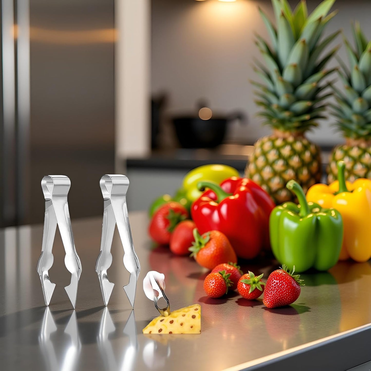 2Pcs Multi-Functional Fruit & Vegetable Stem Remover Clip, Strawberry Huller, Pineapple Eye Remover, Kitchen Gadget, Silver Stainless Steel Handle