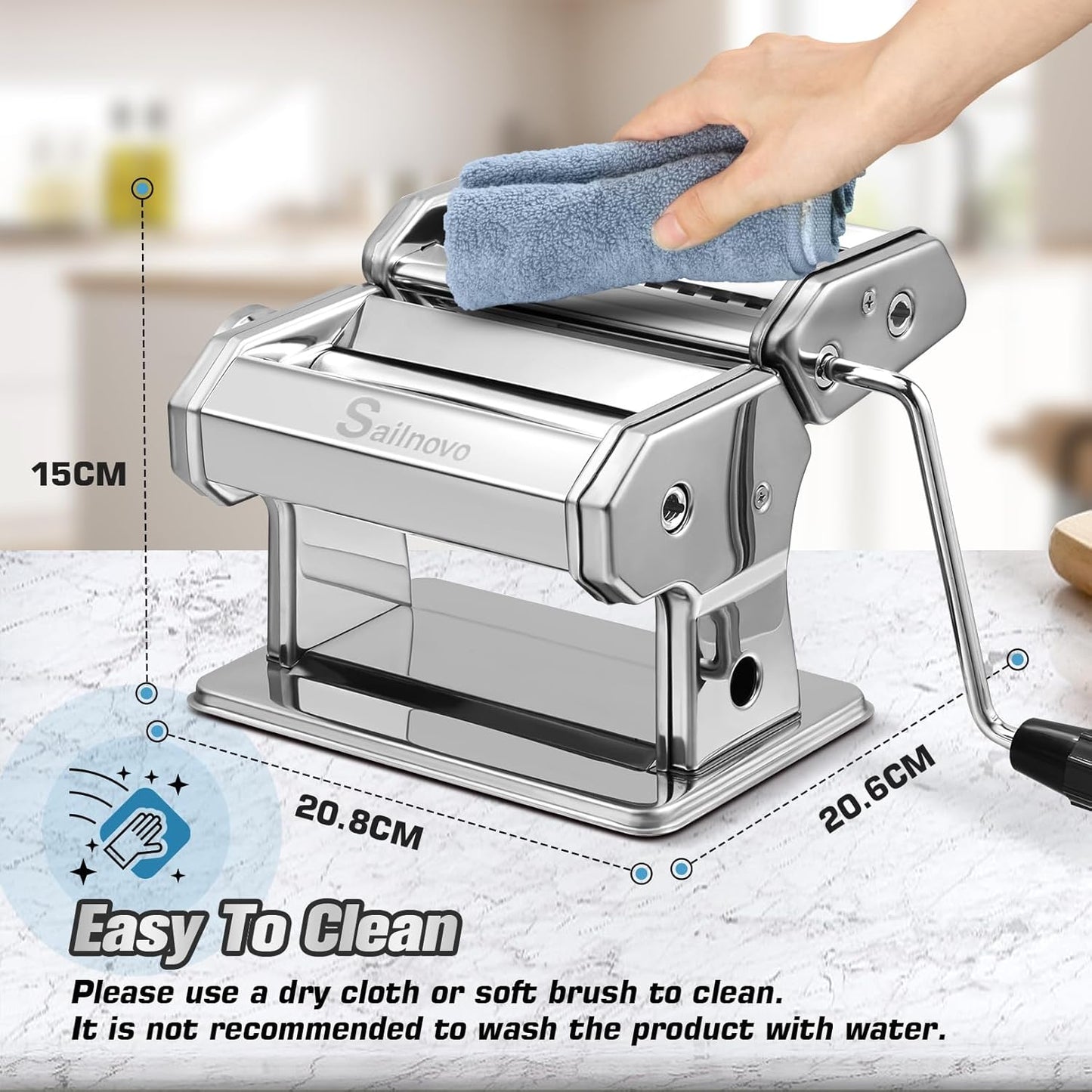 Sailnovo 3 in 1 Pasta Maker Machine - 9 Adjustable Thickness Settings Aluminum Alloy Pasta Roller & 2 Width Cutters for Fresh Spaghetti, Fettuccini, Lasagna, Dumplings - Stainless Steel, Silver