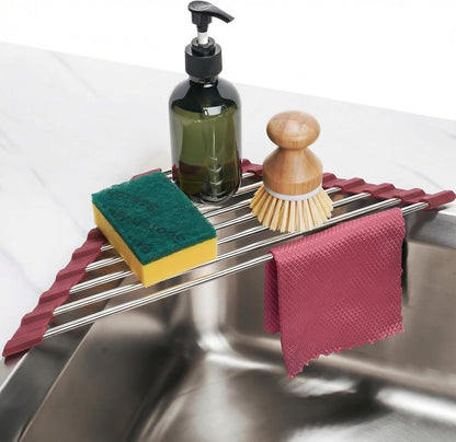 Tomorotec Triangle Foldable Dish Drying Rack, Small Roll-Up Stainless Steel Over Sink Drainer for Kitchen Sink Corner, Rustproof Multipurpose Organizer(Pink)