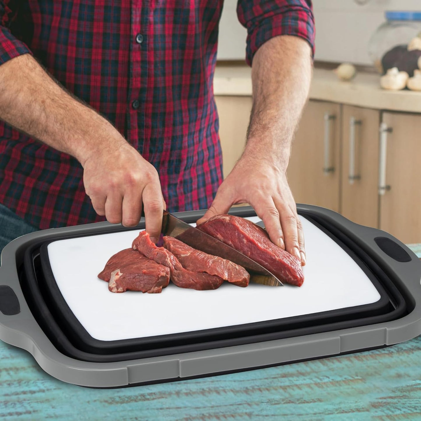Collapsible Cutting Board(2.11 Gal/8L), BBQ Prep Tub with Locking Lid, Foldable Camping Sink with Colander, Multifunction Dish Basin for Kitchen, Bowl, Vegetable and Fruit, Storage Basket for Picnic