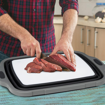 Collapsible Cutting Board(2.11 Gal/8L), BBQ Prep Tub with Locking Lid, Foldable Camping Sink with Colander, Multifunction Dish Basin for Kitchen, Bowl, Vegetable and Fruit, Storage Basket for Picnic