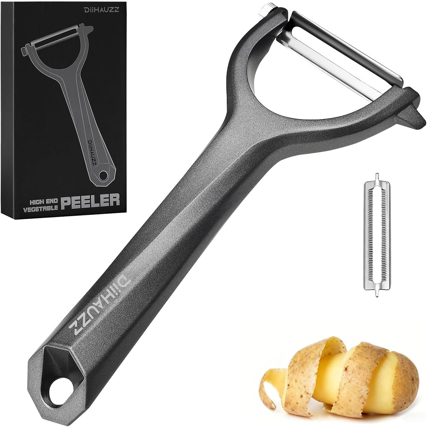 DiiHAUZZ Vegetable Peeler, Heavy Duty Aluminum Alloy - Ultra Sharp Y Peeler with 2 Replaceable 420J2 Stainless Steel Blades for Peeling Pumpkins Potatoes Carrotes Veggies and Fruits, Gift for Dad