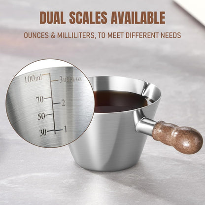 Baalaka Stainless Steel Espresso Cups Set of 2, 3 OZ Double Spout Glass Measuring Cup with Handle, Milk Frothing Pitcher with Spout & Scale, Espresso Accessories for Coffee, Latte Art and Kitchen Use