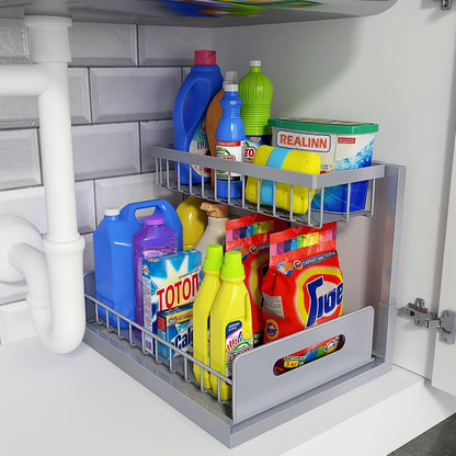REALINN Under Sink Organizer, L-Shaped 2 Tier Pull Out Cabinet Organizer for Kitchen and Bathroom, Slide Out Under Cabinet Storage, Metal Under Sink Storage with Sliding Drawer, 50 lbs, Black 2 Pack