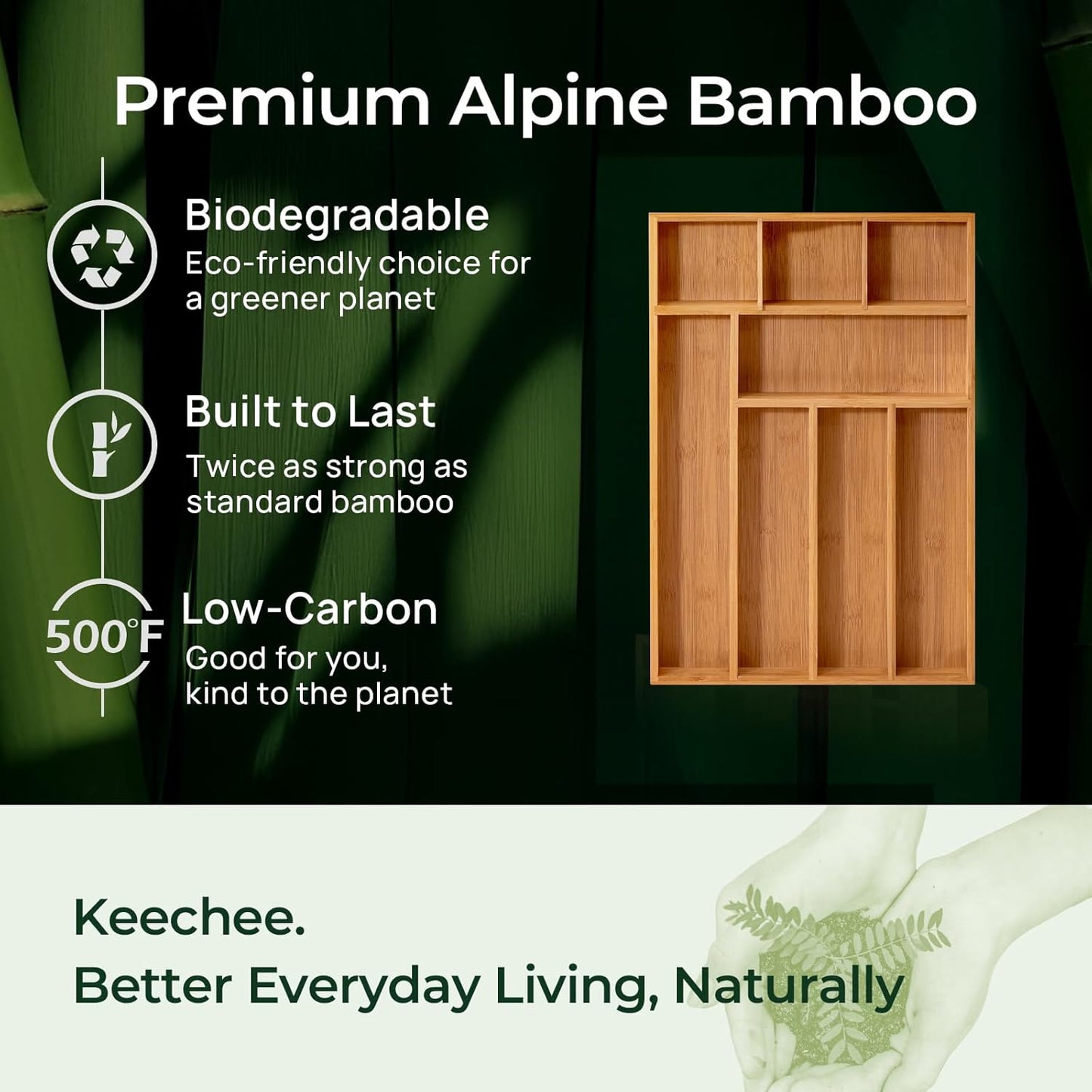 keechee Carbonized Bamboo Kitchen Drawer Organizer, 10 Slots Expandable Silverware Organizer, Utensil Holder & Cutlery Tray, 2.2" Deep for Extra Capacity, Non-Slip Feet Included