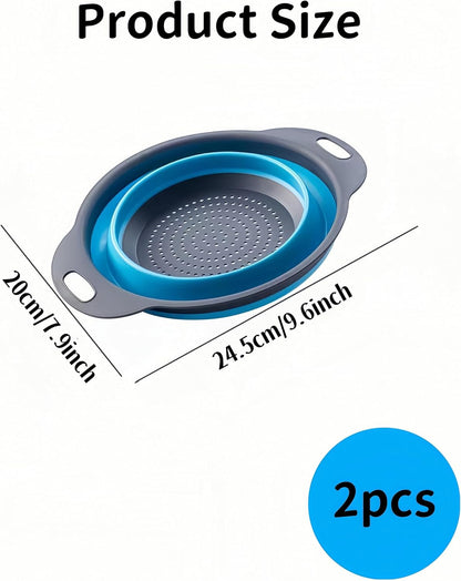 2Pack Blue Round Collapsible Colander,Plastic Handles Silicone Kitchen Strainers Foldable Kitchen Strainer,Perfect for Draining Pasta Vegetable and Fruit for Home Cooks