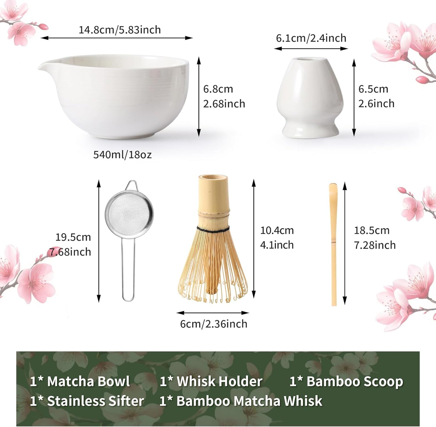 Matcha Whisk Set, 5 Pcs Ceramic Matcha Set, Matcha Kit Set Includes Matcha Bowl, Matcha Whisk and Holder, Bamboo Scoop and Sifter, Matcha Tea Set, Ideal Gift for Family/Friend (Pink)
