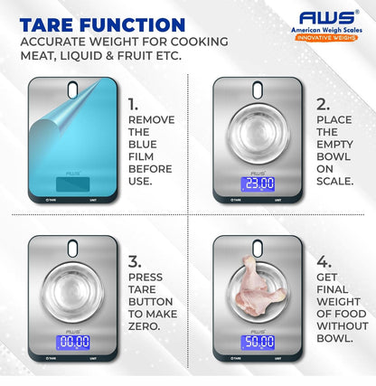 AWS Culinarian Digital Kitchen Cooking Baking Food Scale 22lb x 0.1oz | Stainless Steel with Tare, Touch Buttons, Water-Resistant Surface | Milk/Water mL Mode, Thin Design & Backlit Display