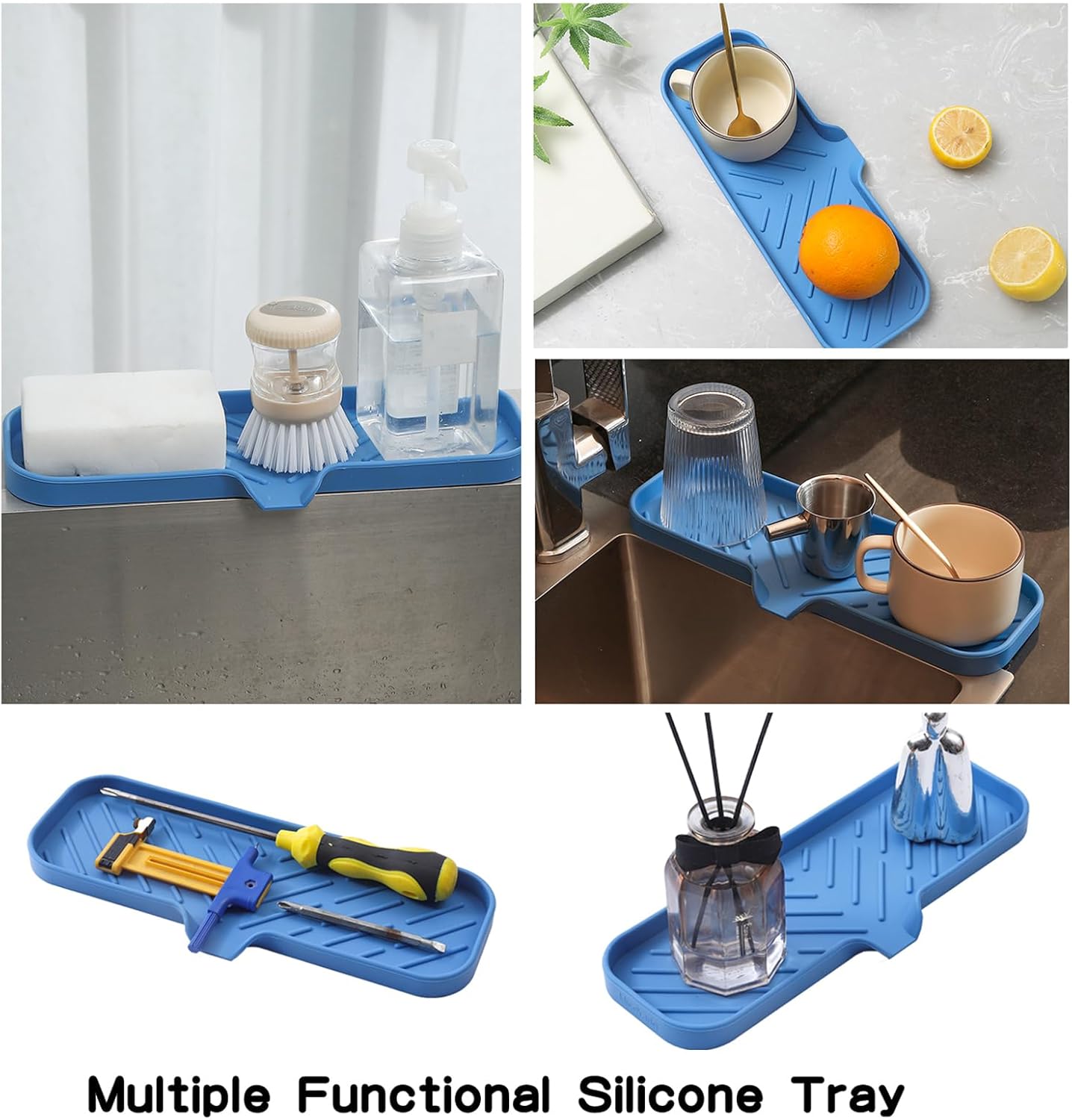 MicoYang Silicone Soap Dish with Drain Spout, Self-Draining Sink Organizer Tray for Bathroom and Kitchen, Sponges, Dispensers and Soap Holder, Non-Slip and Dishwasher Safe, Black (Compact, 4.9"×3.2")