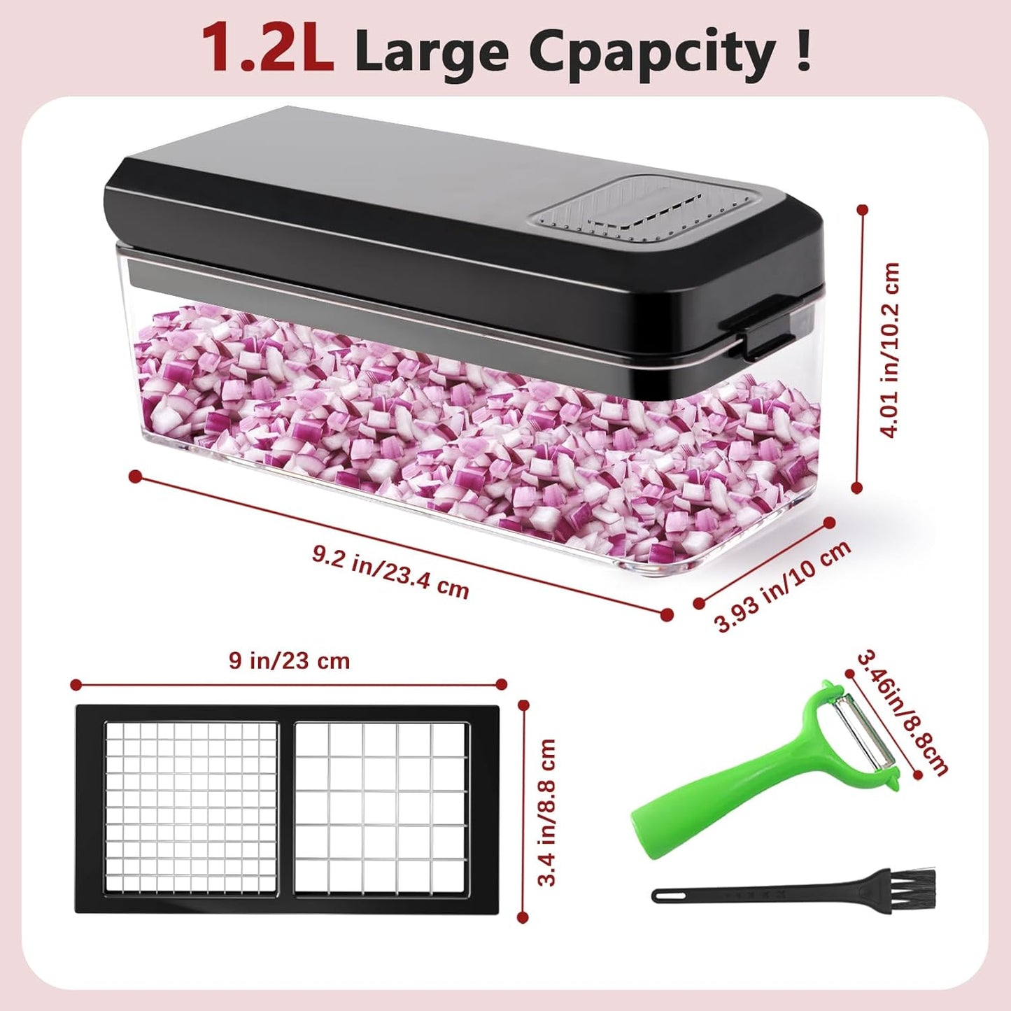 Vegetable Chopper, Onion Chopper Dicer, Mandoline Slicer, Food Chopper with Container, Vegetable Cutter for Salad Potato Carrot Garlic（2 Blades, Black）