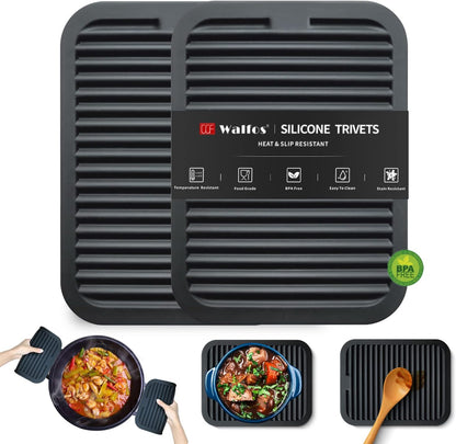 Walfos Silicone Trivet Mats - 4 Heat Resistant Pot Holders, Multipurpose Non-Slip Hot Pads for Kitchen Potholders, Hot Dishers, Jar Opener, Spoon Holder, Food Grade Silicone & BPA Free (Black)