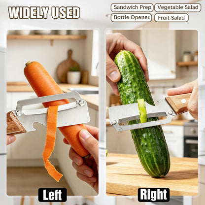 Left & Right Hand Vegetable Peeler Set with Scallion Slicer & Bottle Opener, Heavy-Duty Thick Stainless Steel Blade, Multi-Function Kitchen Peeler with Wooden Handle for Fruits & Vegetables(New 2pcs)