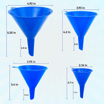 LIQVEE™ Funnel Set (4 Sizes: 122, 101, 76, 50mm) - Durable, Non-Toxic, Food-Grade Plastic funnels for Filling Bottles and containers. Ideal for Kitchen, Garage, or Labs. Perfect for Precise Pouring.