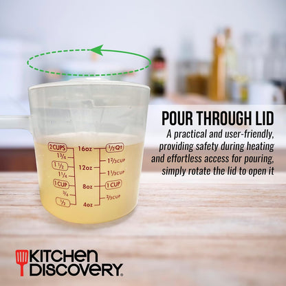 Microwavable Measuring Cup – Kitchen Discovery – 2 Cup Plastic Measuring Cup with Spout, Lid, and Extended Handle for Safe Boiling and Pouring – Microwave Safe Measuring Cup