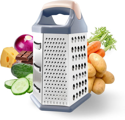 Cheese Grater, 6 Sides Box Graters for Kitchen, Stainless Steel Food Shredders for Cheese Vegetables Potatoes Carrot (Pink Handle)
