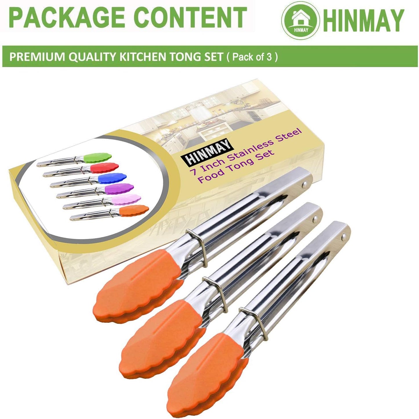 HINMAY Small Tongs with Silicone Tips 7-Inch Mini Serving Tongs, Set of 6 (Green Red Blue Purple Pink Orange)