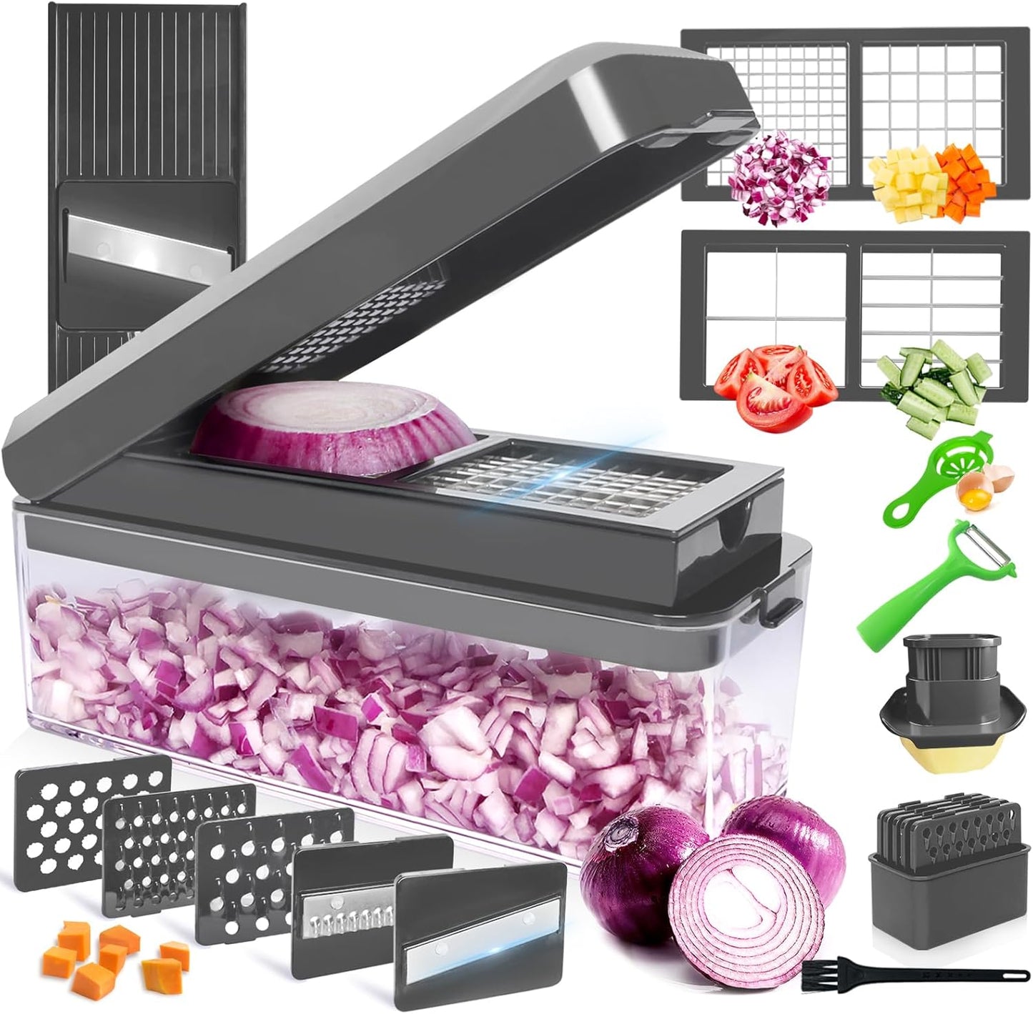 Vegetable Chopper, Onion Chopper Dicer, Mandoline Slicer, Food Chopper with Container, Vegetable Cutter for Salad Potato Carrot Garlic（2 Blades, Black）