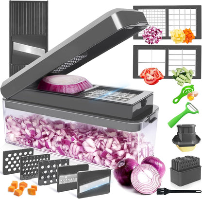 Vegetable Chopper, Onion Chopper Dicer, Mandoline Slicer, Food Chopper with Container, Vegetable Cutter for Salad Potato Carrot Garlic（2 Blades, Black）