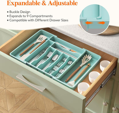 Lifewit Utensil Organizer for Kitchen Drawer, Expandable Cooking Silverware Tray, Adjustable Cutlery Flatware Holder, Plastic Spatula Tools Storage Divider, 14.4 x 15.8", Black