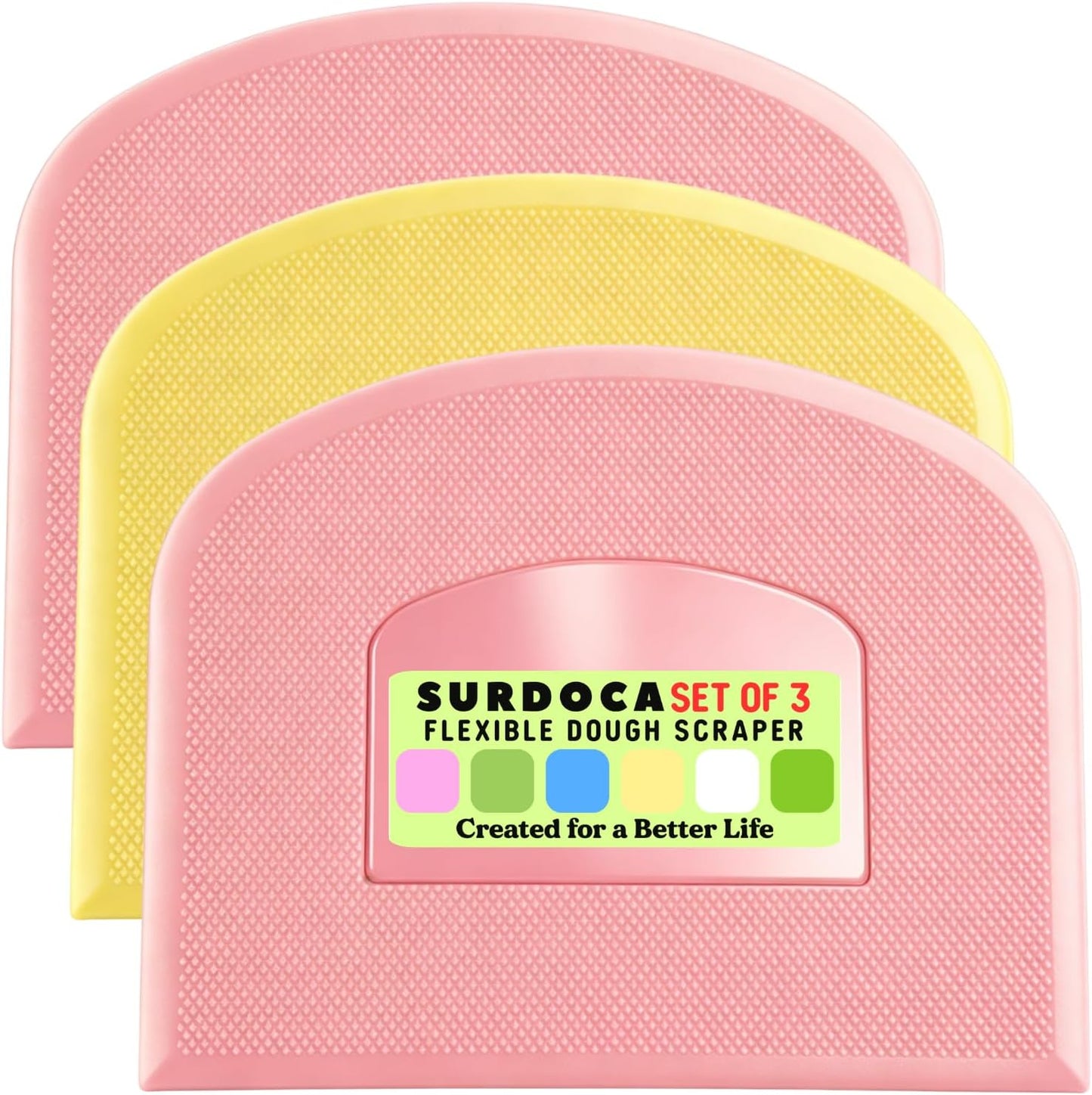 SURDOCA Dough Scraper Bench Scraper - 3P 4.7x3.7" Plastic Flexible Bowl Scraper, Sharp Edge & Angles Cake Scraper. Non-Slip Bakeware Decorating Tools Sculpting & Modeling Tools - Green+White+Green - Colors B