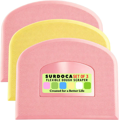 SURDOCA Dough Scraper Bench Scraper - 3P 4.7x3.7" Plastic Flexible Bowl Scraper, Sharp Edge & Angles Cake Scraper. Non-Slip Bakeware Decorating Tools Sculpting & Modeling Tools - Green+White+Green - Colors B