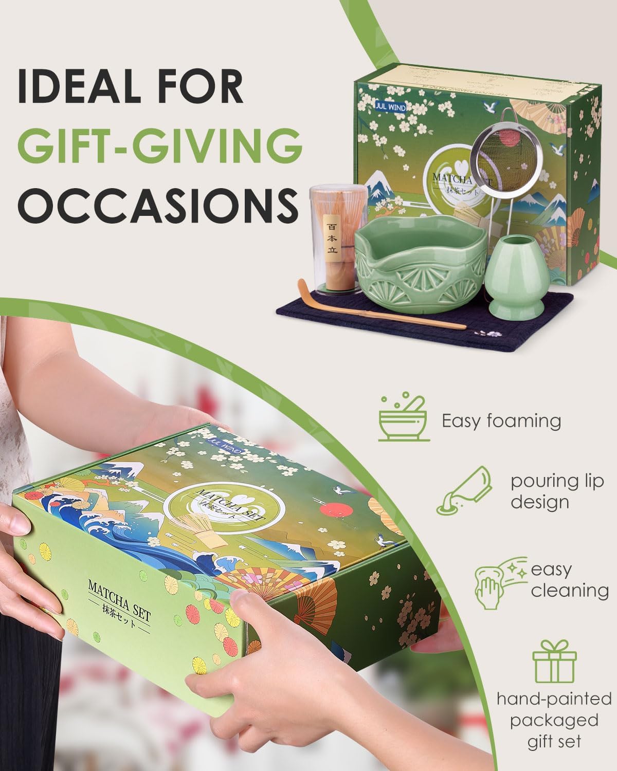 Matcha Whisk Set, Ceramic Matcha Set Includes Bowl with Spout, Whisk and Holder, Bamboo Scoop, Sifter and Tea Towel - 6 Pcs Matcha Kit Gift for Matcha Lovers (White)