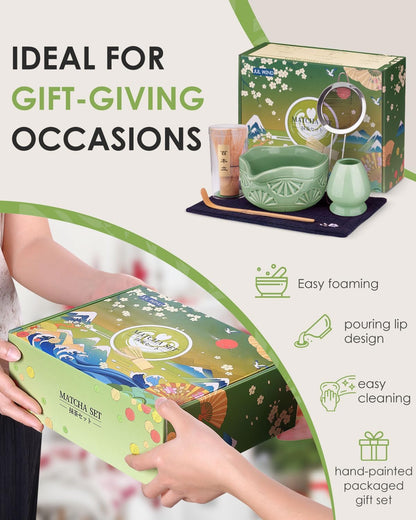 Matcha Whisk Set, Ceramic Matcha Set Includes Bowl with Spout, Whisk and Holder, Bamboo Scoop, Sifter and Tea Towel - 6 Pcs Matcha Kit Gift for Matcha Lovers (White)