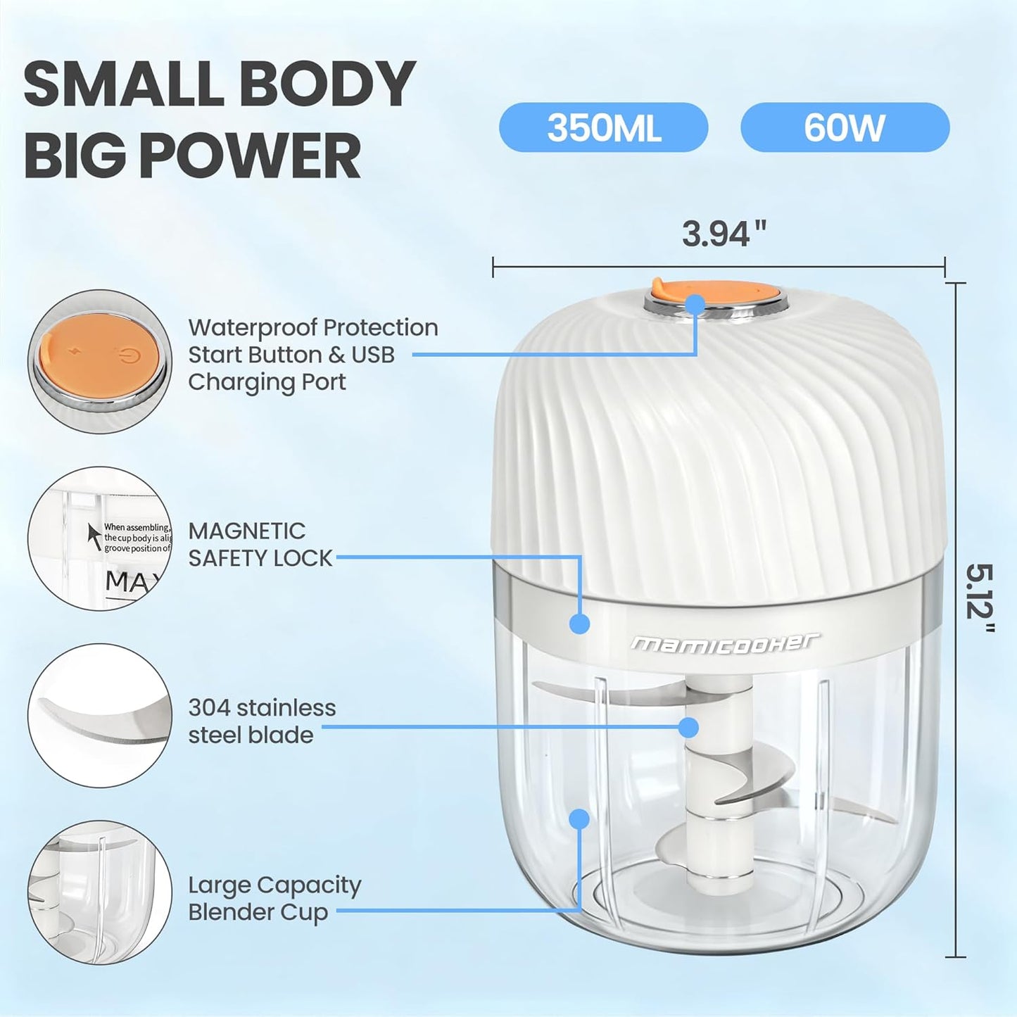 Electric Garlic Chopper, Mini Portable Veggie Chopper, 250ML Garlic Grinder Masher Onion Grinder, Blender to Vegetable, Wireless Food Processor for Ginger, Chili, Fruit, Meat, etc