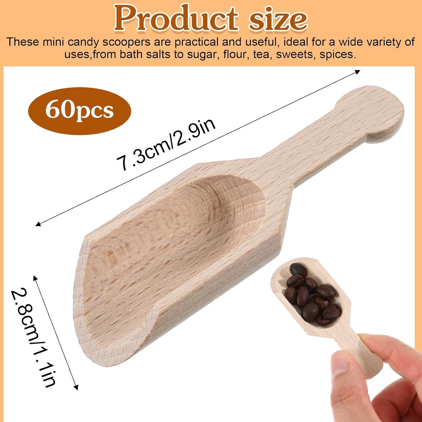Kenaoeoe 60 Pack 2.9 x 1.1 Inches Small Wooden Spoons Unpainted Wooden Scoops for Jars Mini Measuring Cups for Bath Salts, Sugar, Coffee, Spices, Laundry Detergent