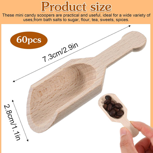 Kenaoeoe 60 Pack 2.9 x 1.1 Inches Small Wooden Spoons Unpainted Wooden Scoops for Jars Mini Measuring Cups for Bath Salts, Sugar, Coffee, Spices, Laundry Detergent