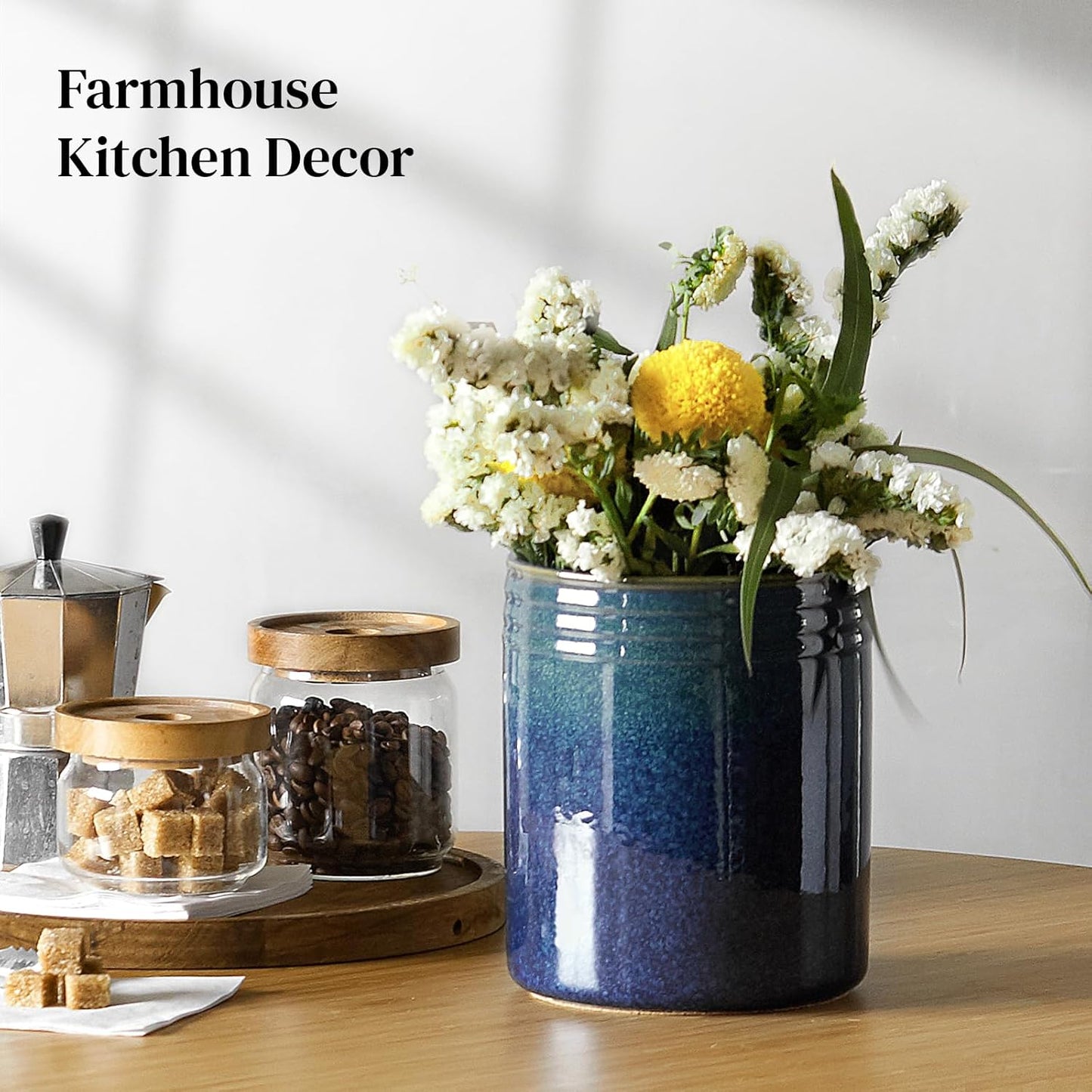 DOWAN 7.2" Kitchen Utensil Holder, Extra Large Farmhouse Utensil Holders for Countertop, Ceramic Utensil Crock, Anti Slip Cork Bottom