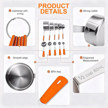 Bopei Measuring Cups and Spoons Set Stainless Steel 10 Piece for Cooking and Baking (5 Cups + 5 Spoons, Colorful Handles)